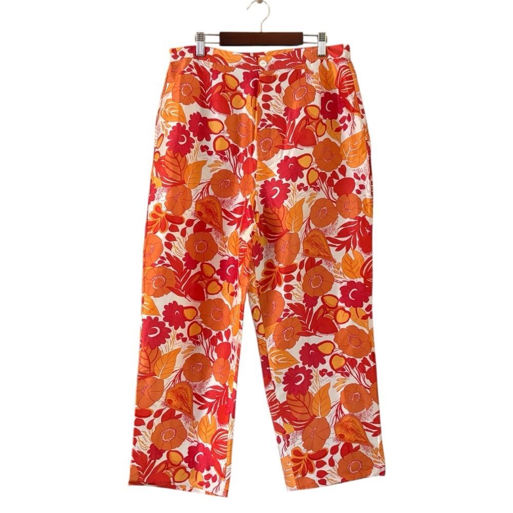 Bob Mackie Orange Floral Silk Cropped Pants Size 10 Art to Wear Summer Bold